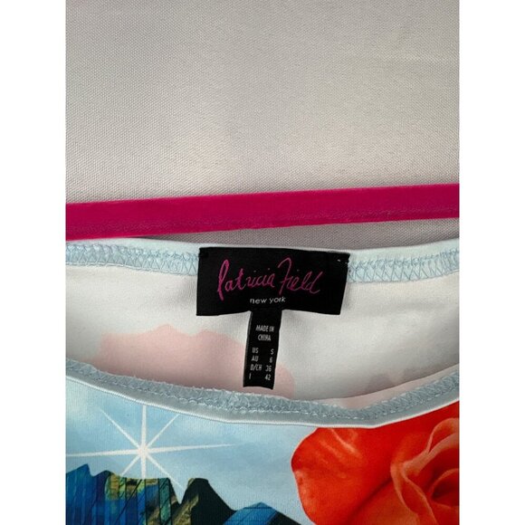 Patricia Field Floral & Cityscape Print Off-Shoulder Top S 92% Polyester 8% Elas - Picture 3 of 4